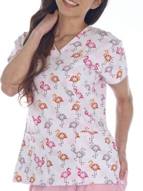 NWT Women’s Large Fancy Flamingo Print Scrubfinity PerformX Scrub Top